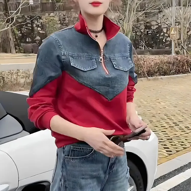 半拉链长袖卫衣女2025春季新款网红爆款时尚拼接牛仔洋气百搭上衣