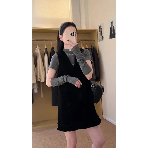 韩系时尚套装波点半高领短袖打底衫上衣女装秋季背心连衣裙两件套