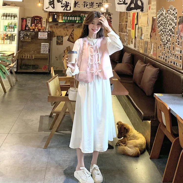 新中式国风盘扣甜美马甲套装女2025春秋季新款显瘦初恋长裙两件套