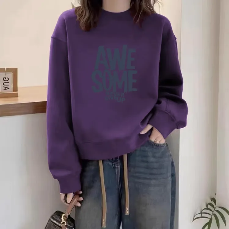 多巴胺圆领套头打底衫加绒加厚卫衣女2025春秋季新款宽松韩版外套