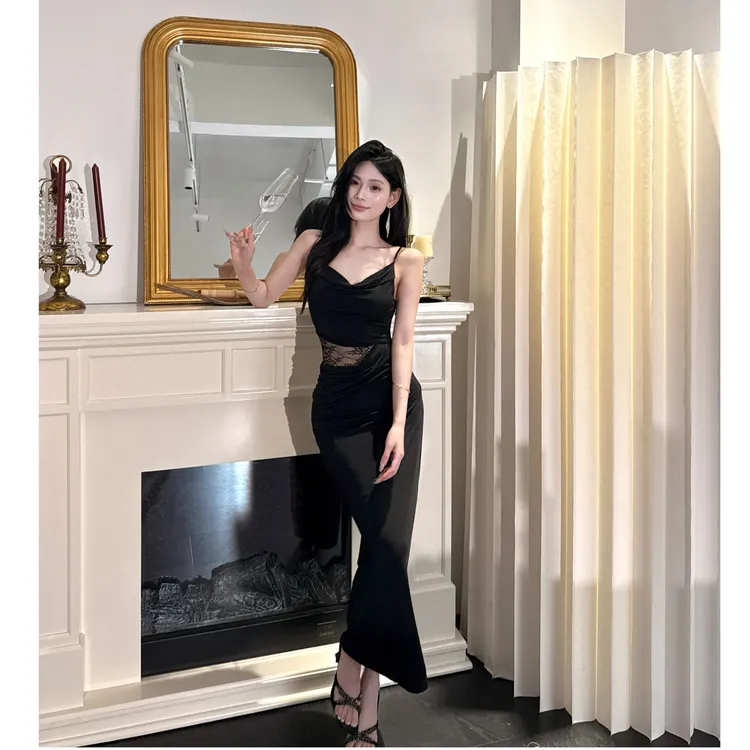 【JINGGUO轻奢】小众设计法式性感纯欲气质露腰连衣裙7478