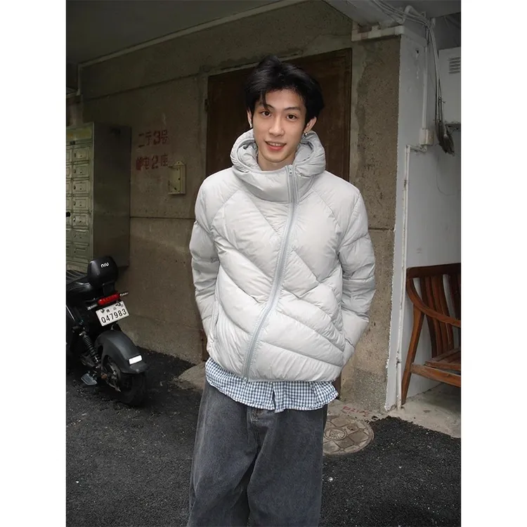 放射线斜拉链解构连帽羽绒服男女冬季防风保暖棉衣设计感外套潮