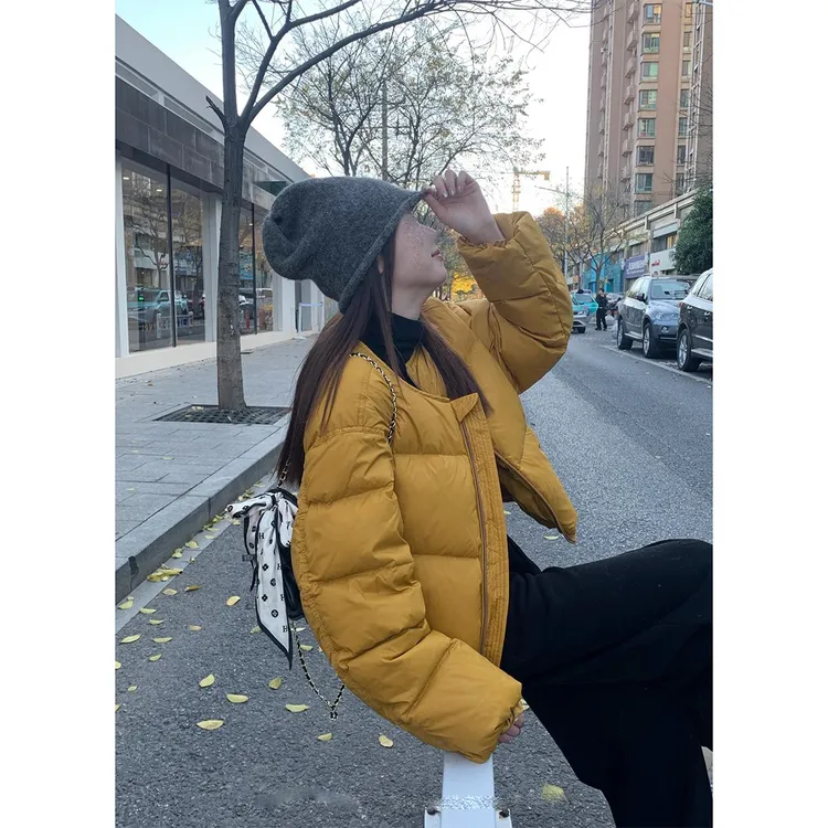 姜黄色无领羽绒服女2025新款宽松韩版小个子短款加厚90白鸭绒外套