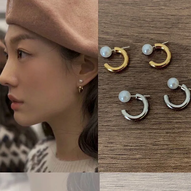 合金仿珍珠耳饰 韩国金属风珍珠耳圈2025年新款小众设计高级