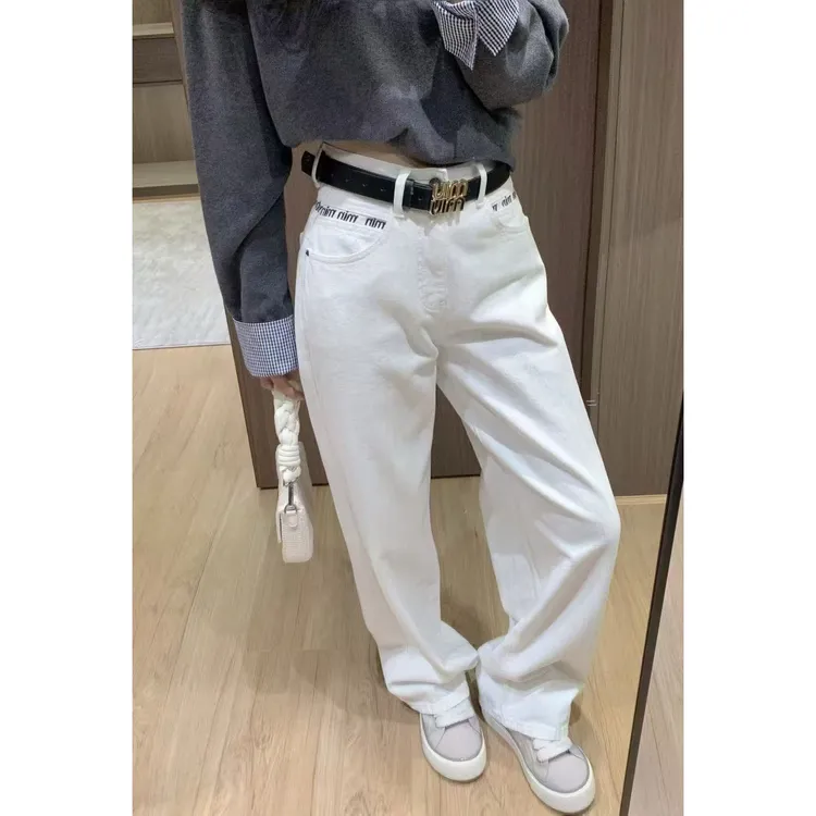 2025字母刺绣白色直筒牛仔裤女春秋新款高腰显瘦阔腿拖地裤时尚