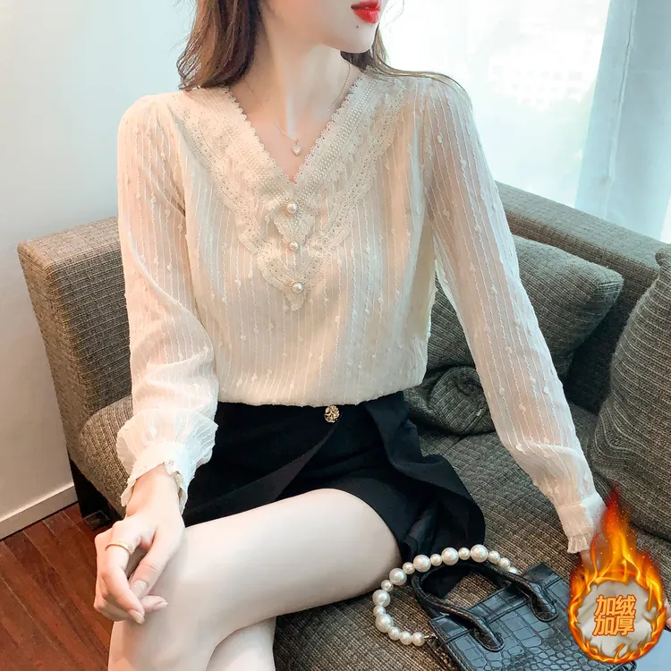 2025秋冬装新款加绒加厚蕾丝长袖衬衫女气质v领打底上衣减龄衬衣