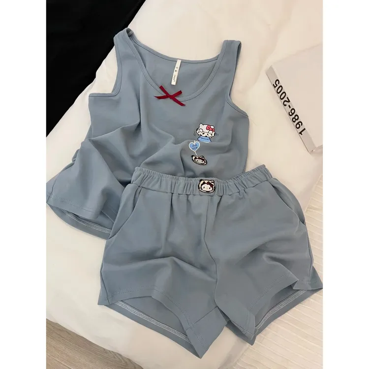 韩系可爱HelloKitty无袖睡衣女夏季新款背心短裤家居服套装可外穿