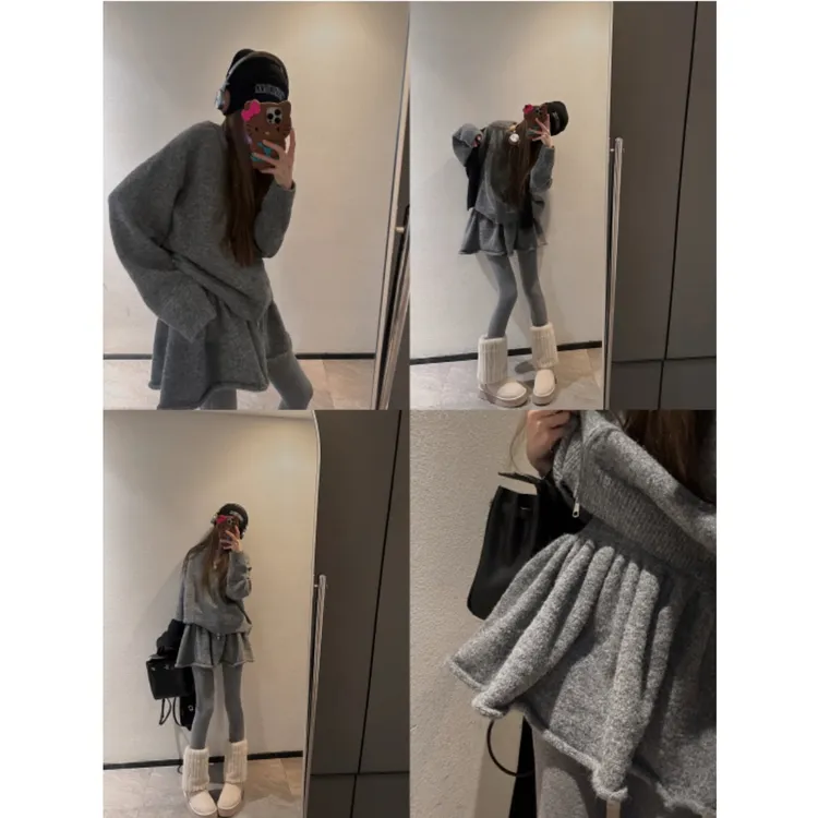 8.2%羊毛厚实保暖拉链毛衣+花苞短裙两件套秋冬懒人针织套装裙