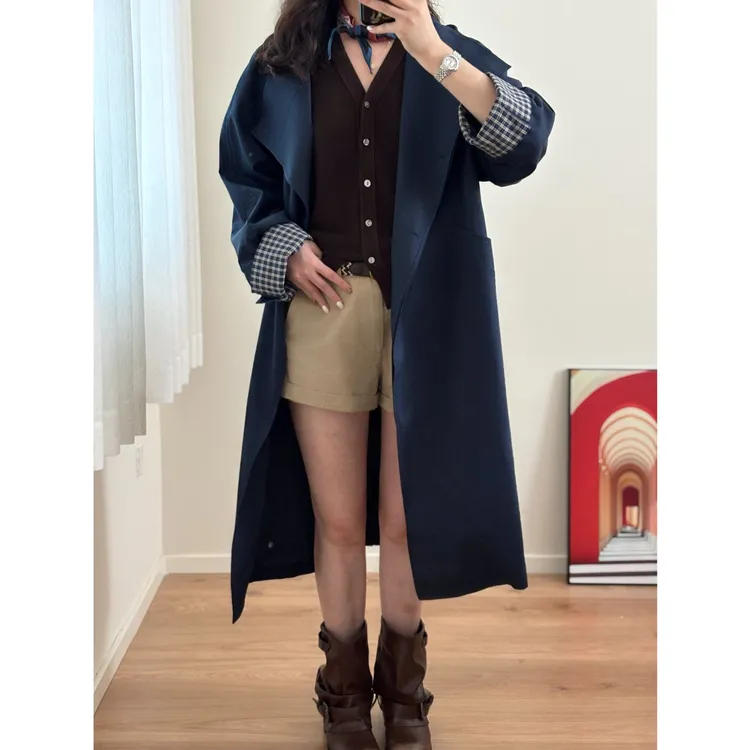 韩版格纹拼接中长款风衣外套女2025秋季爆款配包包慵懒风气质大衣