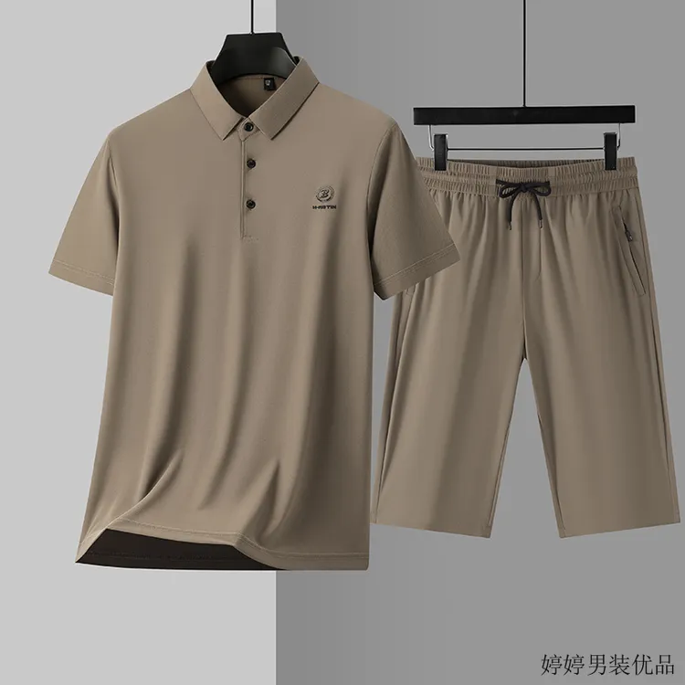 商场款夏季男士短袖套装POLO衫休闲西裤两件套简约修身男短袖套装