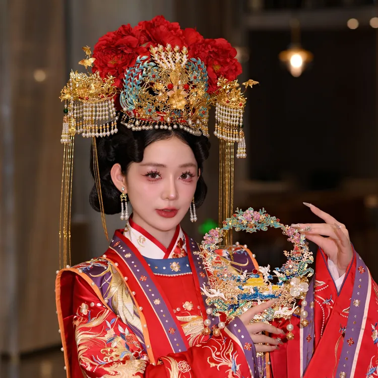 予禧-15403新娘大气饰中式黄色古风汉服秀禾服龙凤褂流苏发饰