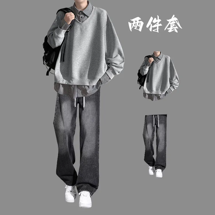 潮牌ins假两件拼接卫衣两件套男士春秋季搭配牛仔裤休闲痞帅套装