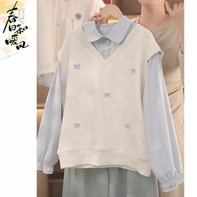 女童衬衫领假两件卫衣春秋装2025新款女孩学院风蝴蝶结打底衫休闲