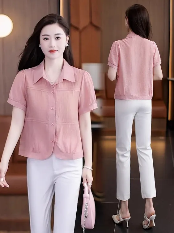 时尚休闲宽松翻领短袖衬衫女2025夏秋新款洋气小个子短款衬衣小衫