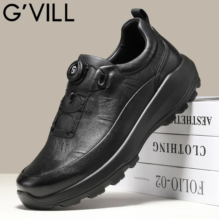 G’VILL/贵之步男士户外增高真皮软底皮鞋旋转纽扣防滑免系带缓震