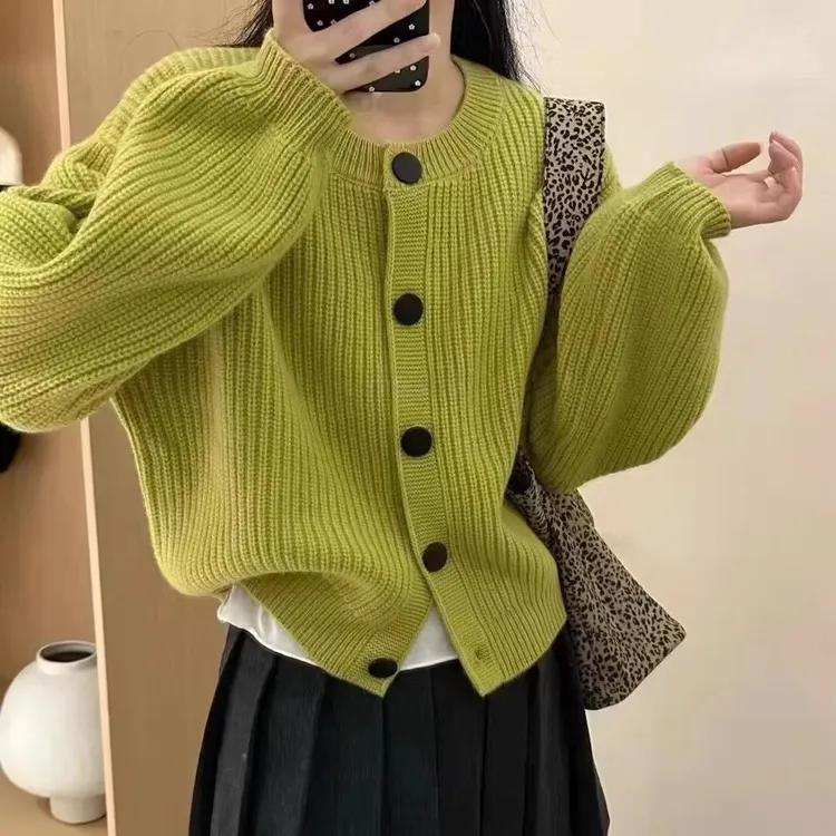 减龄韩系简约纯色圆领长袖针织开衫女秋冬宽松慵懒风针织衫上衣