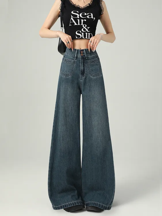 蓝色高腰阔腿牛仔裤女秋冬宽松大码胖mm加长小个子