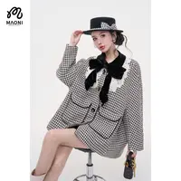 毛妮LADIESFIRST【银光绮想】蝴蝶结可拆千鸟格蕾丝拼接外套L2478