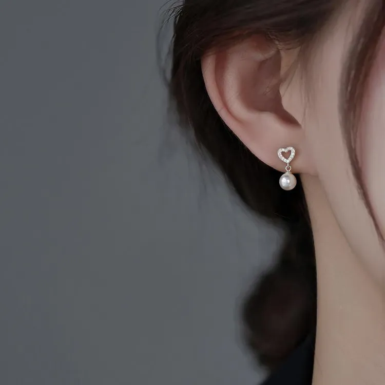 999足银爱心仿珍珠耳环女新款2025爆款耳钉轻奢高级