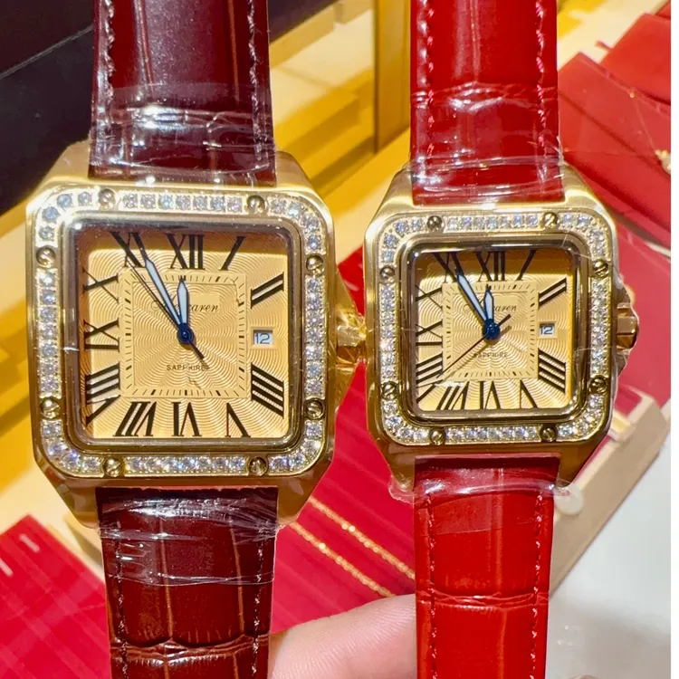 男士女士情侣方形金表石英机芯镶钻防水黄金气质轻奢100%黄金手表