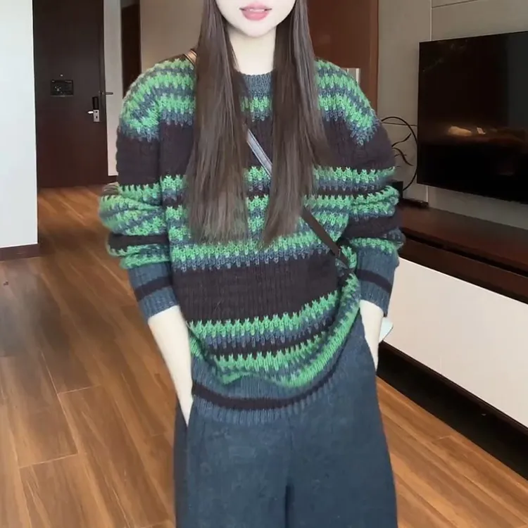 复古条纹圆领长袖针织衫女2025秋冬季新款宽松慵懒风内搭毛衣上衣