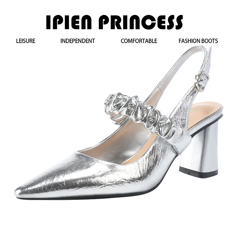 法式银色尖头高跟鞋女气质一字带单鞋粗跟不累脚高跟包头凉鞋女夏