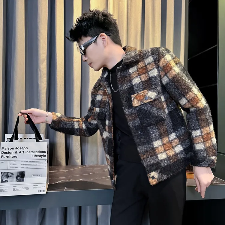 男士2025新款潮流格子毛呢大衣秋冬季高级感痞帅休闲时尚夹克外套