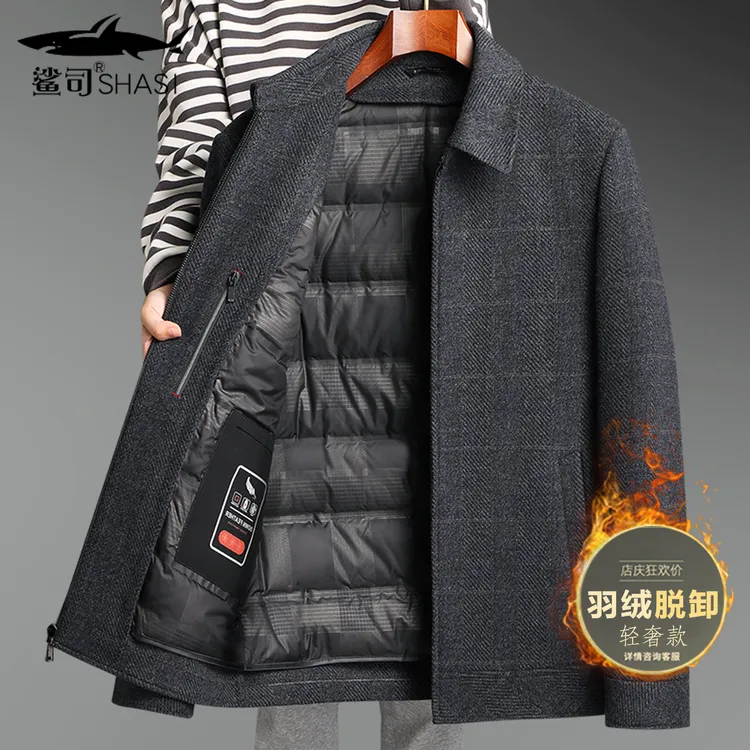 爸爸冬装外套羊毛呢大衣脱卸中老年羽绒服男士加厚款冬季休闲上衣