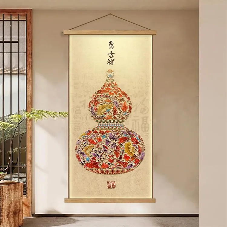福字玄关画葫芦百福图新中式装饰画柿柿如意壁画走廊竖版福禄挂画