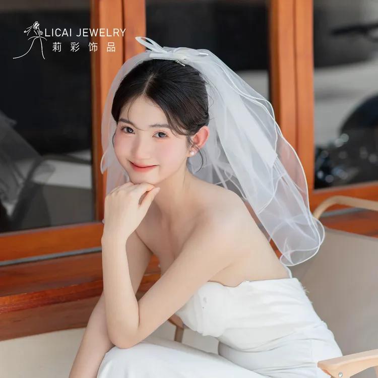 求婚领证头纱登记简约双层头纱高级感求婚拍照道具蝴蝶结头饰订婚