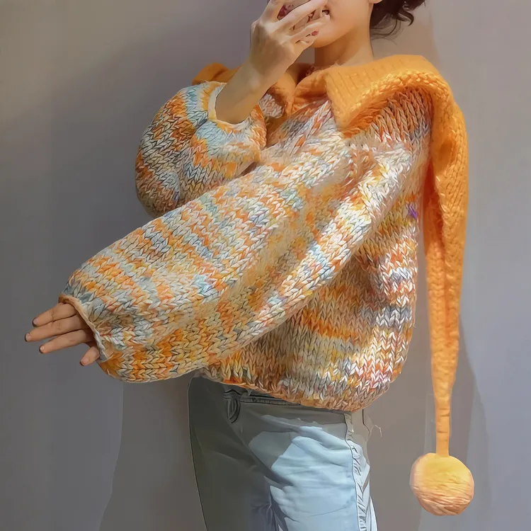 多巴胺橘色翻领宽松针织衫混色毛衣慵懒高级感秋冬女2025新款上衣