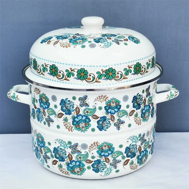 新疆包邮搪瓷珐琅新款大容量蒸锅家用双层汤锅电磁炉蒸煮燃气炖锅