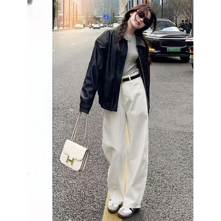白色直筒牛仔裤女加绒秋冬大码胖mm高腰显瘦遮胯梨形身材阔腿裤子