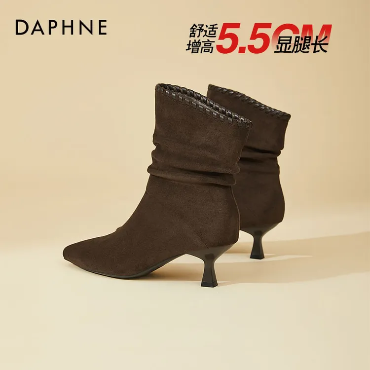 达芙妮气质酒杯跟尖头时装靴女靴2025秋冬新款褶皱堆堆靴琥珀流光