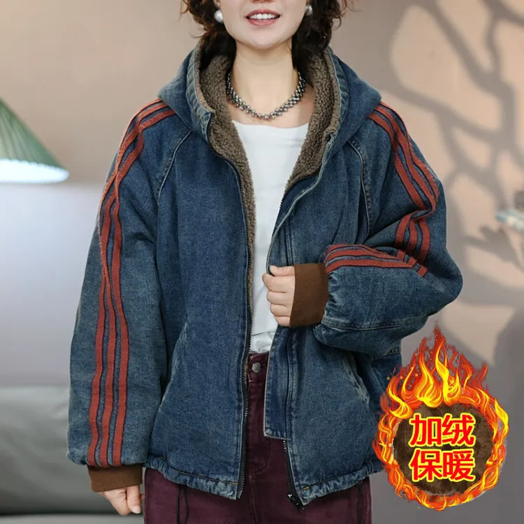 2609蓝色牛仔棉衣加绒加厚连帽两面可穿冬季新款外套宽松棉服