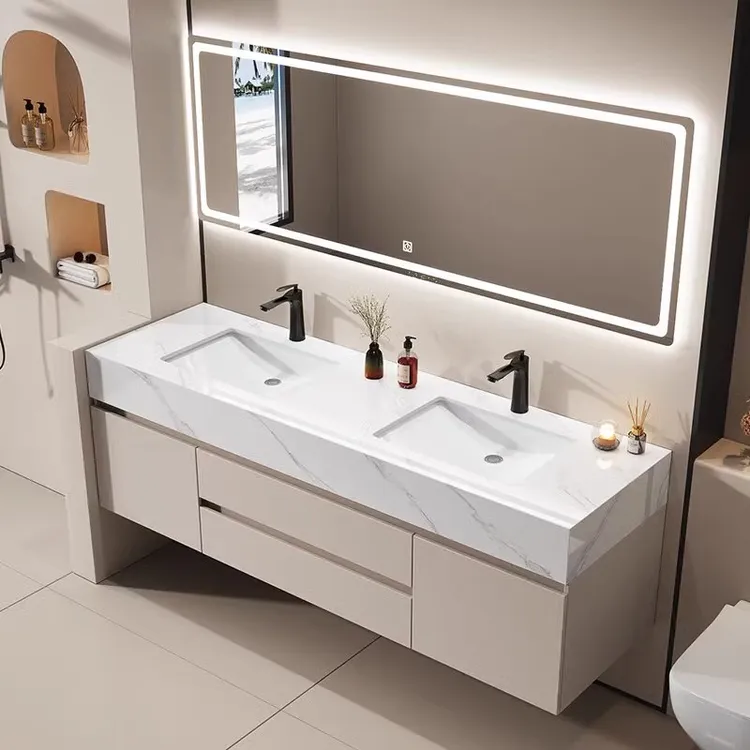 定制岩板陶瓷一体浴室柜组合公共卫生间实木多层洗漱台洗脸盆整套