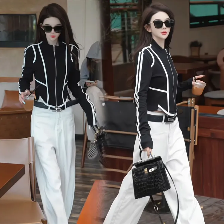 2025秋季时尚拼色长袖开衫短外套高腰窄版阔腿裤子休闲洋气两件套