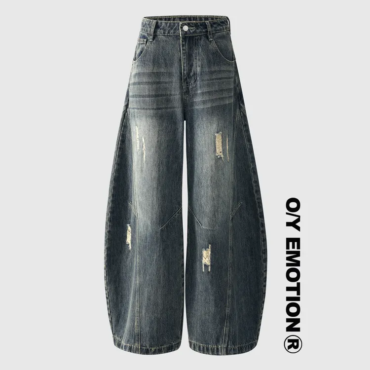 O/Y自制 美式2025秋冬弯刀型阔腿宽松水洗牛仔裤裤子显瘦破洞休闲