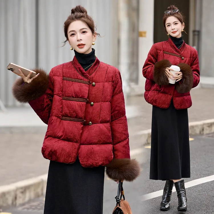 真狐狸毛袖口羽绒服2025冬季新款复古新中式立领红色显瘦短款外套