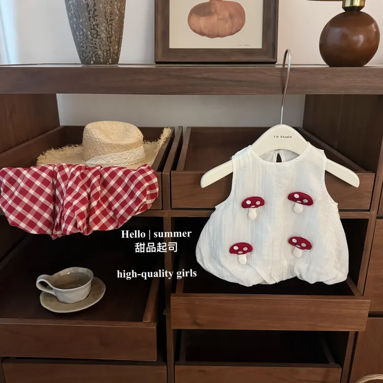 【甜品起司】手工小蘑菇！超可爱女宝宝无袖背心花苞裤洋气时髦套装