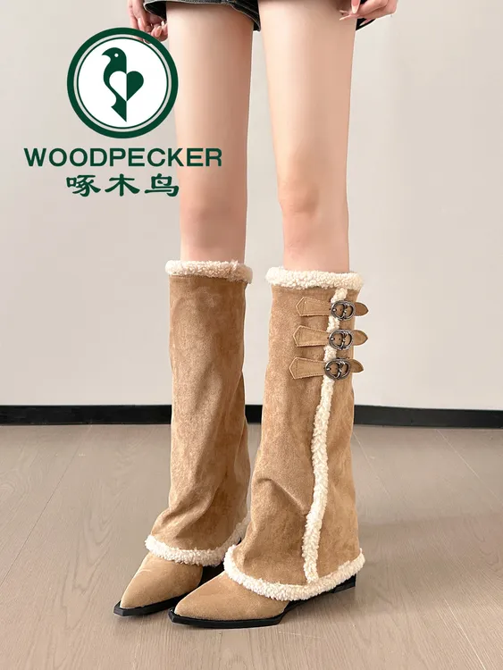 啄木鸟小众皮带扣英伦加厚保暖骑士靴女2025秋冬新款尖头长靴棉靴