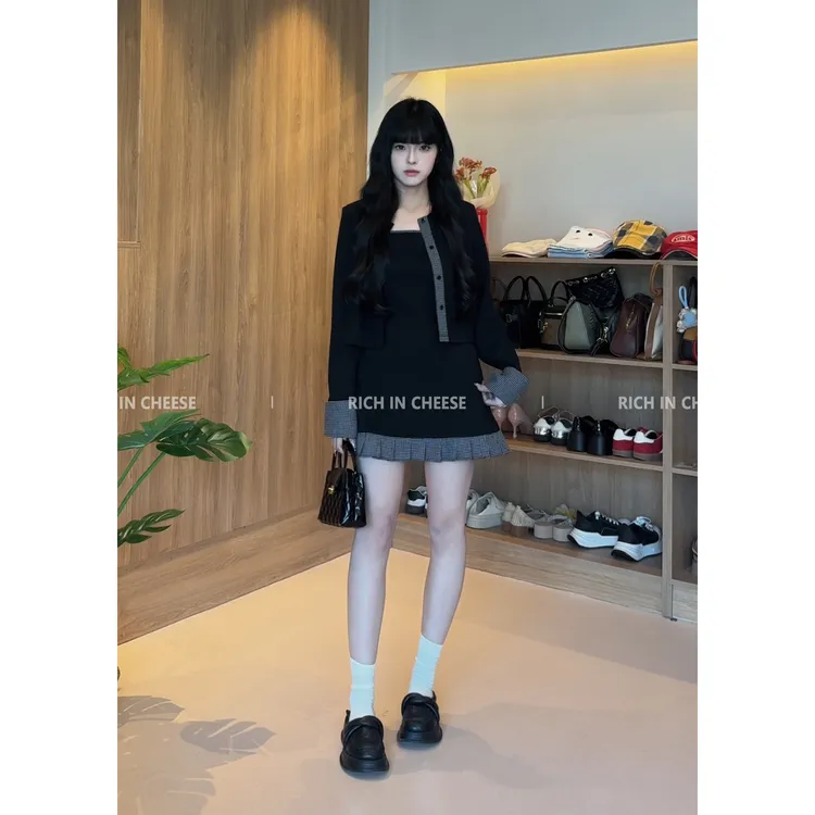 RICHINCHEESE 耀黑女王【系列合集】 秋冬拼接格子开衫收腰吊带套装