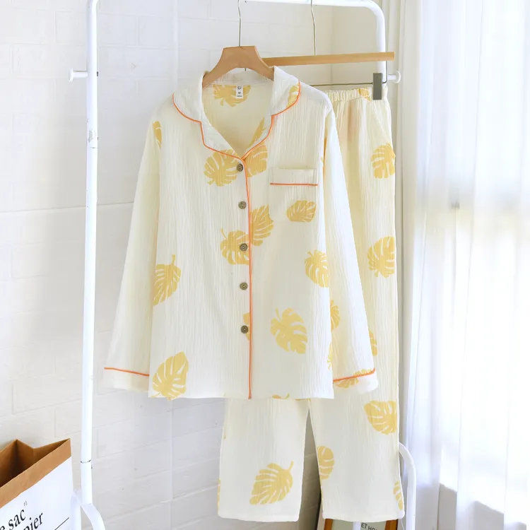 2025秋新品~纯棉睡衣女春秋季长袖A类双层纱布翻领100%全棉家居服