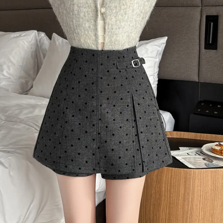 毛呢短裙裤秋冬A字拼接侧开叉半身裙气质百搭波点高腰不规则短裤