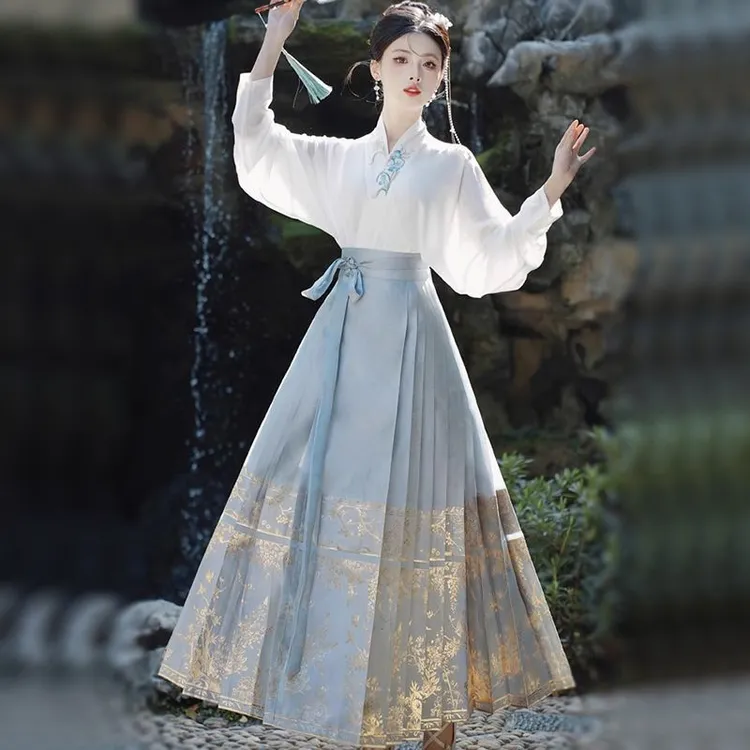 日常可穿马面裙套装女2025秋季款新中式国风小个子蓝色汉服半身裙