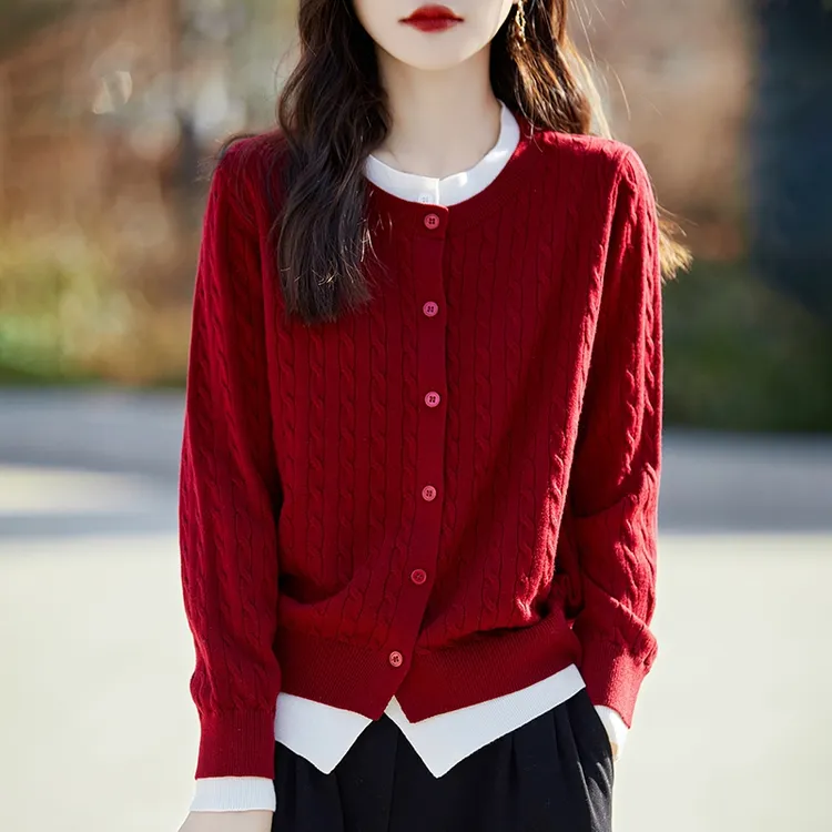 毛衣外套女春秋2025新款假两件上衣时尚洋气短款大码圆领针织开衫