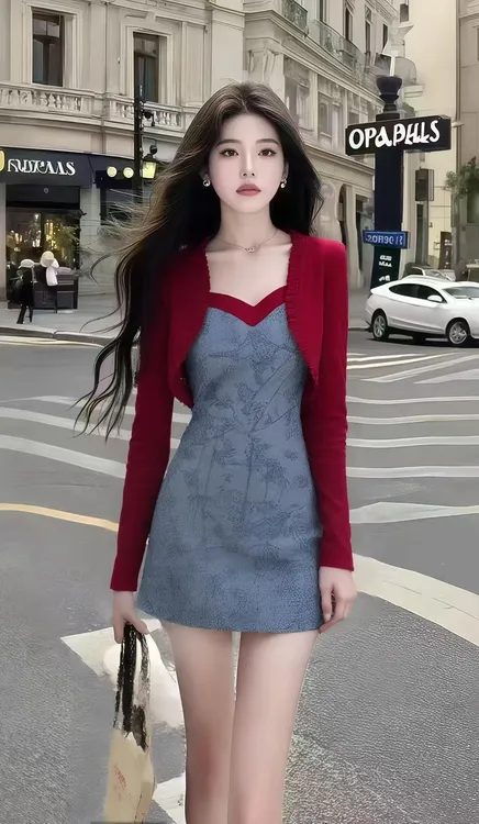 秋季新款淑女红色短款长袖开衫+蓝色修身低领收腰连衣裙女两件套