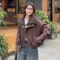 152区2517紫色大毛领翻领格子撞色麂皮绒复古工装棉服外套
