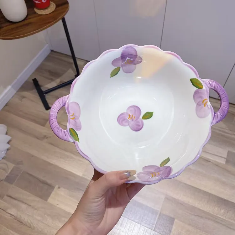 【伴花时光双耳汤碗2个装】家用陶瓷花边双耳汤碗