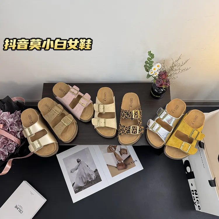 【莫小白】~厚底勃肯拖鞋女夏新款双排扣懒人一脚蹬沙滩凉拖鞋女